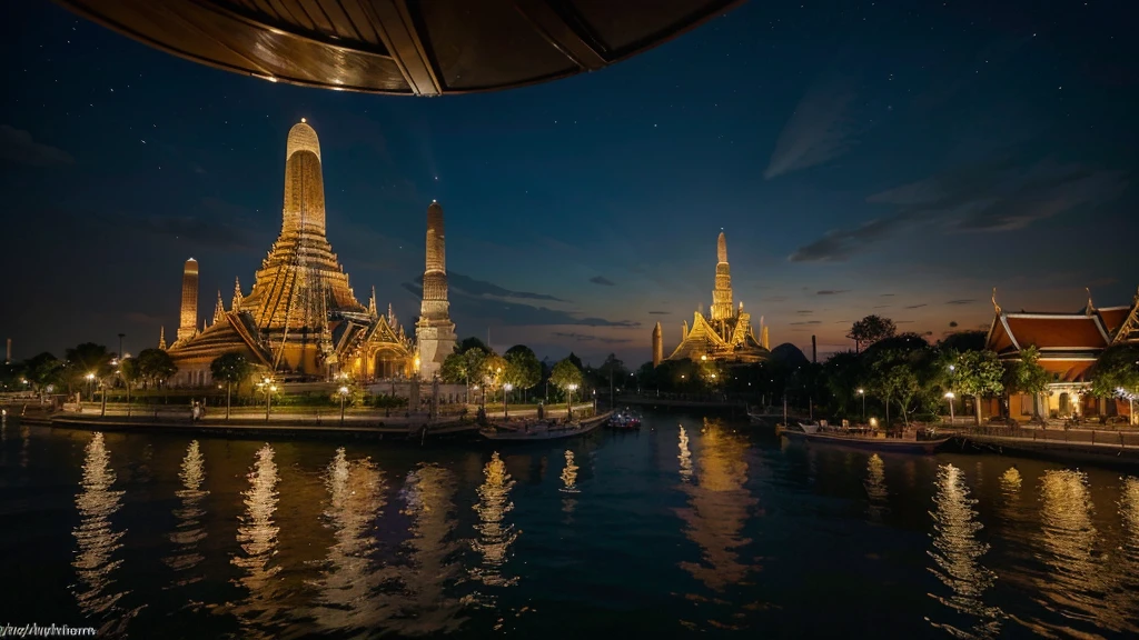 Stunning, high-resolution aerial photography at night. Take photos of the beautiful Wat Arun Ratchawararam Ratchaworawihan in Bangkok, Thailand, illuminated by countless golden lights. The temple sits elegantly on an island in the Chao Phraya River. Reflect light in the water A full moon casts a warm glow over the night sky. In the background, the cityscape sparkles with city lights. creating a fascinating contrast between the sacred and the modern. Photos are rich in details. Show the complex architecture of the temple. and the bustling life on the river With cruise ship