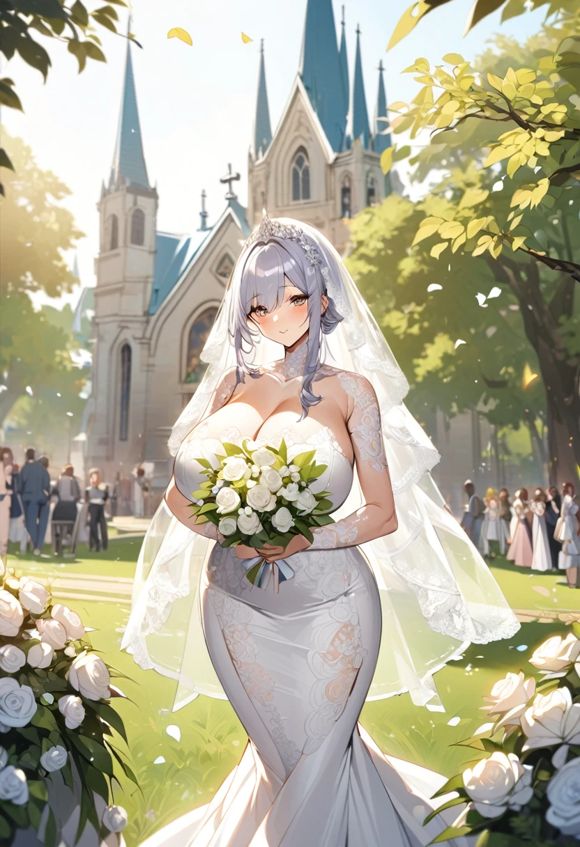 Girl with huge breasts in a micro wedding dress with huge lace with veil and bouquet in the church park