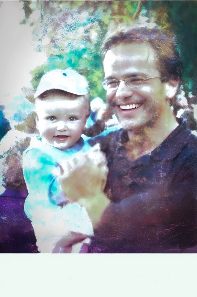 there is a man holding a  in his arms, with a kid,ther with , photo-shopped, genzoman and frank franzzeta, grainy photo, grainy damaged photo, photoscan, amazing, 2 0 0 0's photo, greg rutkowski and edgar maxence, iphone capture, wonderful, photo on iphone, in a oil painting style