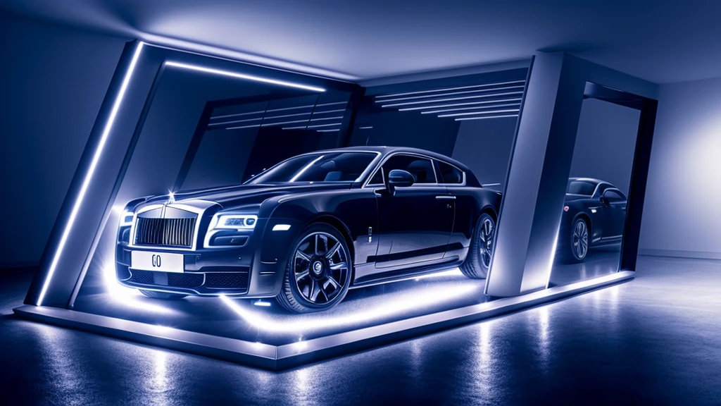 exposition espace voiture roll-royce, shimmering monochromatic light, (head of&#39;artwork,best quality,8k uh,DSLR,soft lighting,high quality,Hyper detail,grain de film,Fujifilm XT3, EU 5 8k rendering, super haute résolution, dinner details:1.2, Dynamic lighting, Cyber-light, neon cyber magic),  sol brillant, cyber light:1.6