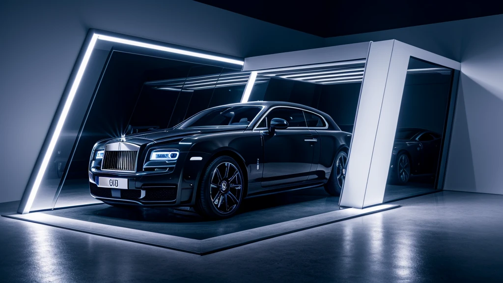 exposition espace voiture roll-royce, shimmering monochromatic light, (head of&#39;artwork,best quality,8k uh,DSLR,soft lighting,high quality,Hyper detail,grain de film,Fujifilm XT3, EU 5 8k rendering, super haute résolution, dinner details:1.2, Dynamic lighting, Cyber-light, neon cyber magic),  sol brillant, cyber light:1.6