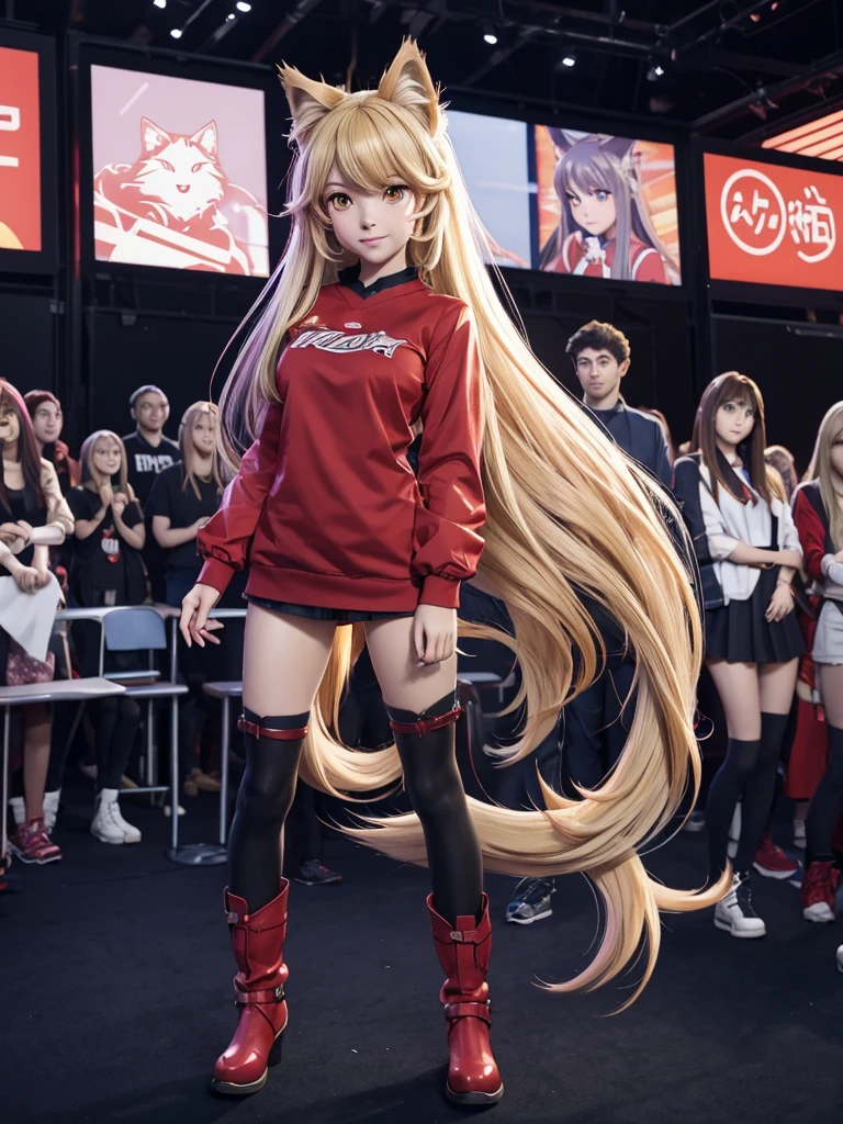 a woman in a red shirt and boots standing in front of a crowd, beautiful anime catgirl, anime girl with long hair, anime girl, an anime girl, (anime girl), cute anime catgirl, anime catgirl, beautiful anime girl, holo if a wolf girl, holo is a wolf girl, cute anime girl, blonde anime girl with long hair