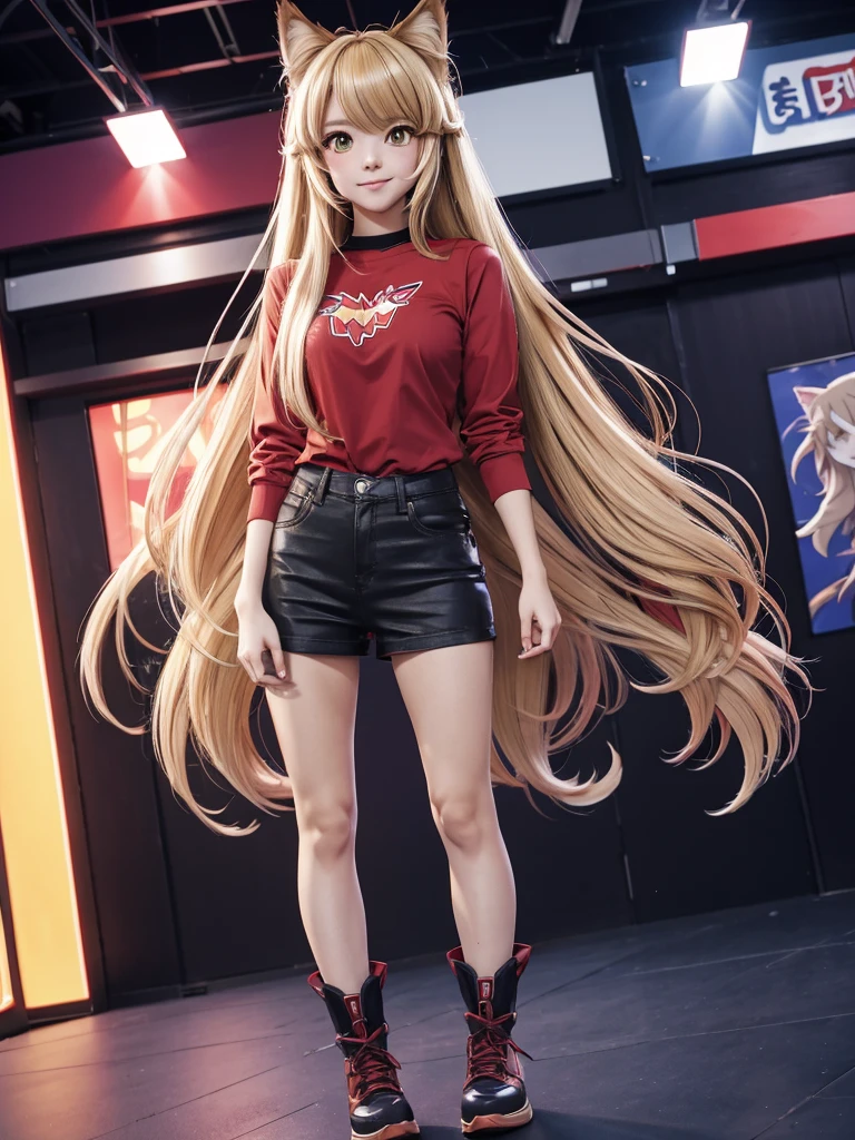 a woman in a red shirt and boots standing in front of a crowd, beautiful anime catgirl, anime girl with long hair, anime girl, an anime girl, (anime girl), cute anime catgirl, anime catgirl, beautiful anime girl, holo if a wolf girl, holo is a wolf girl, cute anime girl, blonde anime girl with long hair