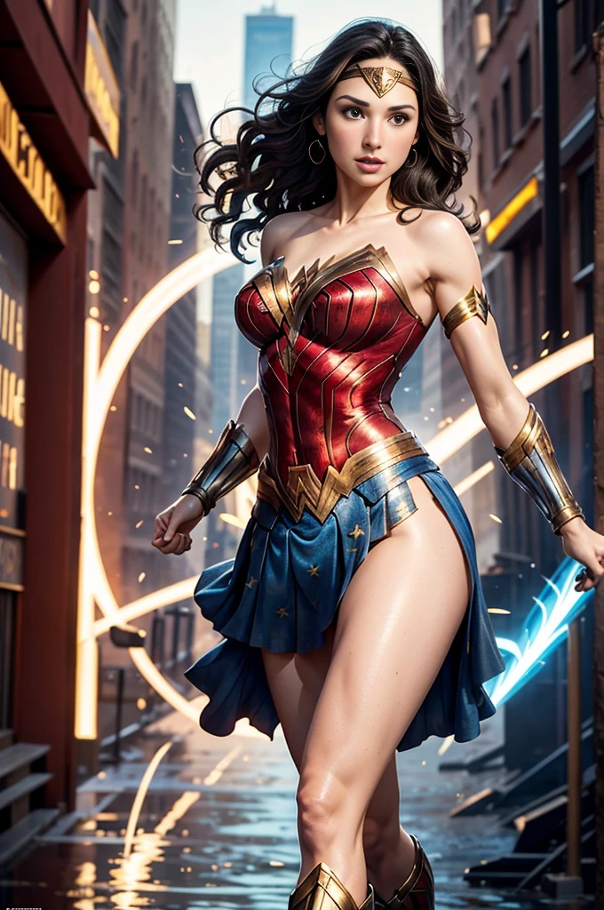Gal gadot as wonder Woman showing her belly button, In New York, wearing a torn wonder woman swimsuit, Wearing a skirt, abstract photorealistic, artistic, Alphonse Mucha'Masterpieces of painting, Best Quality, High resolution:1.4), Detailed, Intricate details, 4K, color splashes, line-drawing, Fibonacci, hight resolution, Vibrant colors, with fantasy background, Female features'Flowing hair and dramatic light rays.."