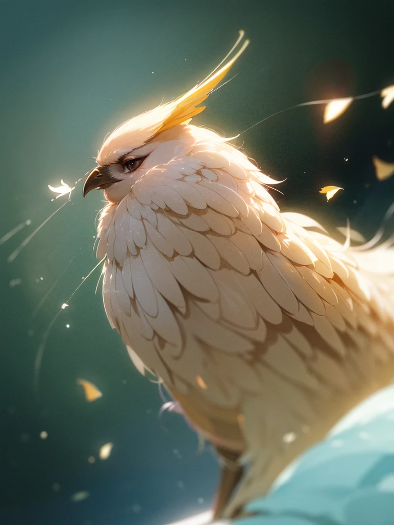 (Sumilux f1.4 24mm , low Latitude old color negative film , cross process , bokeh, flare, chromatic aberration , soft focus, (Shallow focus) , soft glow , Maximum aperture, High Key , Transparent depiction) , Harpy girl , round face , Many feathers fluttering down