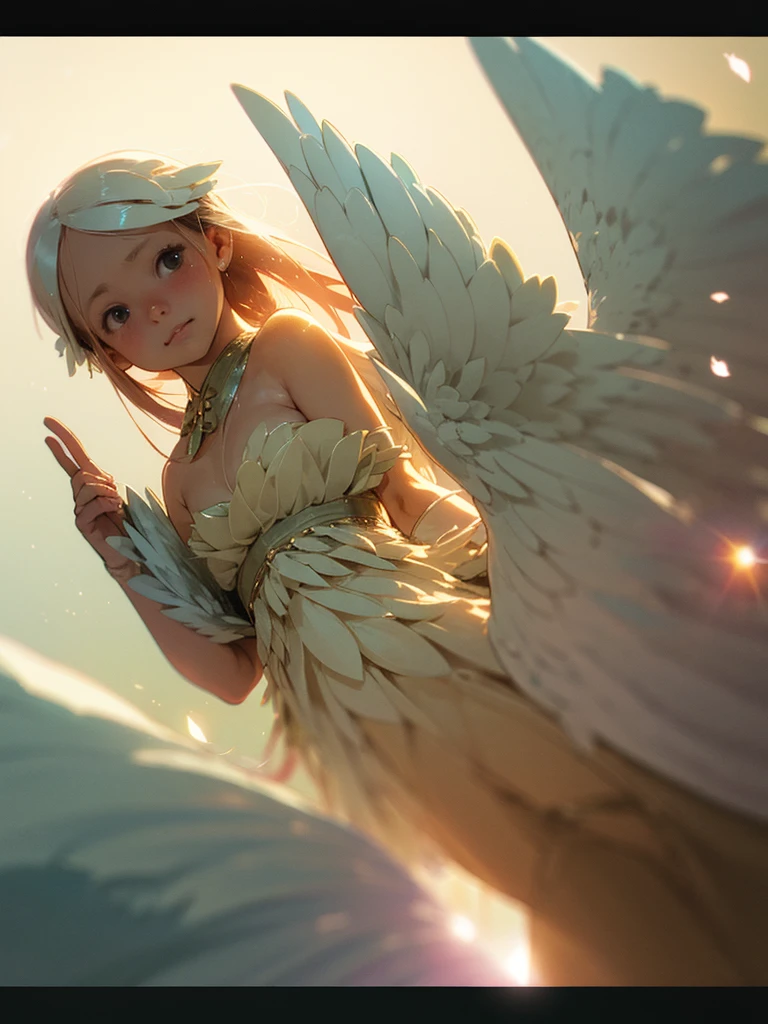 (Sumilux f1.4 24mm , low Latitude old color negative film , cross process , bokeh, flare, chromatic aberration , soft focus, (Shallow focus) , soft glow , Maximum aperture, High Key , Transparent depiction) , Harpy girl , round face , Many feathers fluttering down