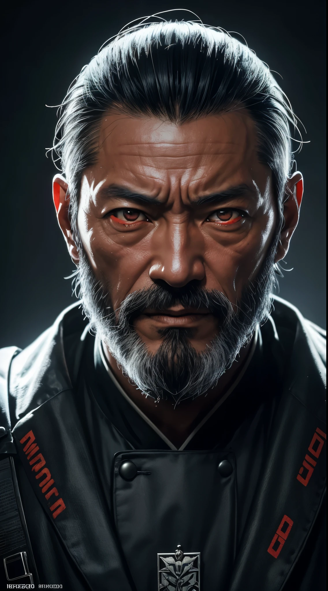 A 50-year-old Japanese man with a frightening appearance, (Eyes red 5.5), full beard, wearing military technological metal suits, highly detailed and expressive face, (best qualityer,4K,8k,high resolution,work of art:1.2),ultra detali,(realisitic,photorealisitic,photo-realisitic:1.37),portraite,conceptual artwork,dramatic lighting,bright coloured,details Intricate, (Avoid deformed and poorly designed eyes)