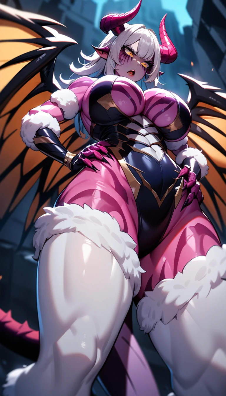 1girl,solo,super detailed skin,shiny skin, disgust,looking down,open mouth ,majestic wings,majestic devil tail,demon skin,multicolored skin,detailed eyes,eyelashes,lips gloss,small claws,hand on hip,majestic horns ,large breasts,beautifully shaped breasts, (fluffy body hair:1.1) ,vibrant colors,standing, ,night ruins,from below,masterpiece,best quality,ultra detailed,high resolution,sharp focus,depth of field,