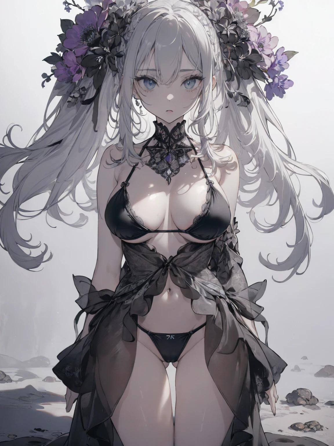 (micro bikini photo:1.1, saggy breast, gray white background:1.5), Masterpiece, best quality, (very detailed CG unity 8k wallpaper), (best quality), High definition RAW color art, Animation,sculptures, (black Marble Skin), (((Ultra detailed elegant))), Magical atmosphere, Detailed skin, Texture,(Intricately detailed, Fine detail, ultra-detail art), Silky Touch, Hyper Detail, beautiful eyes, Elegant Face, (lying alone), enormous breast:1.3, (silver hair), pastel purple, embarrassing face, wide open udder, black bikini, Holding a bouquet of grey flowers