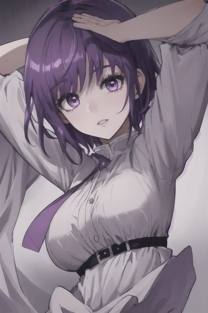 girl with short purple hair, white eyes, in a ghost dress, highly detailed high contrast hd masterpiece of best quality in high resolution.