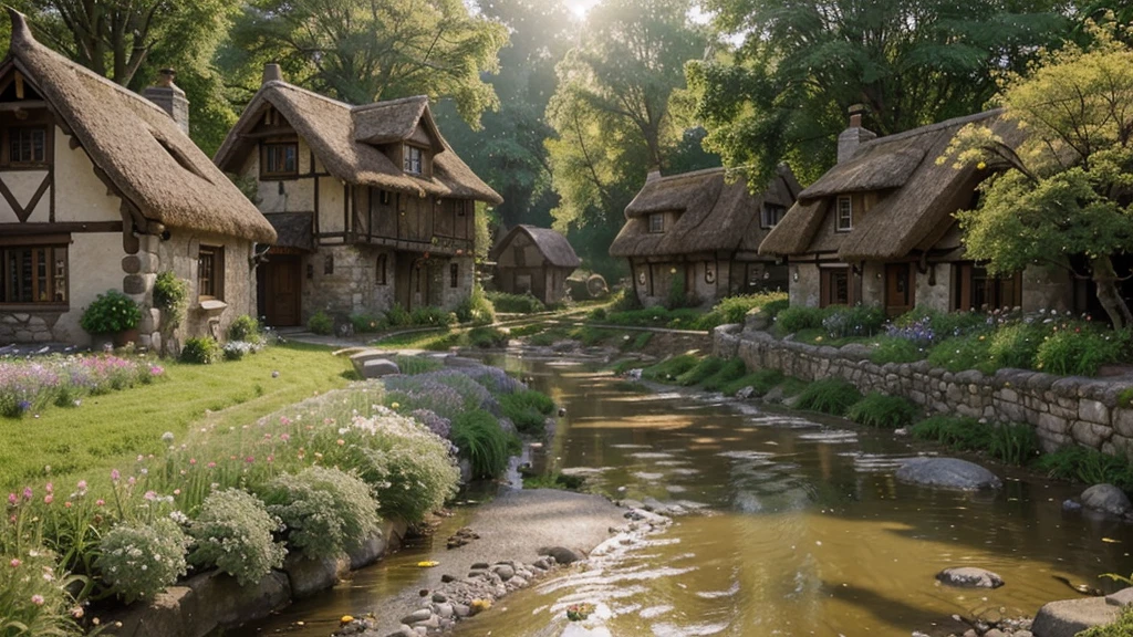 Rustic village, ethereal glow resembling heavenly realm, thatch-roofed cottages interspersed with flowering gardens, cobblestone paths leading to a serene river, diffuse light casting soft shadows, villagers in period attire moving gently, beams of sunlight piercing through the translucent mist, digital painting, ultra-realistic, golden ratio.