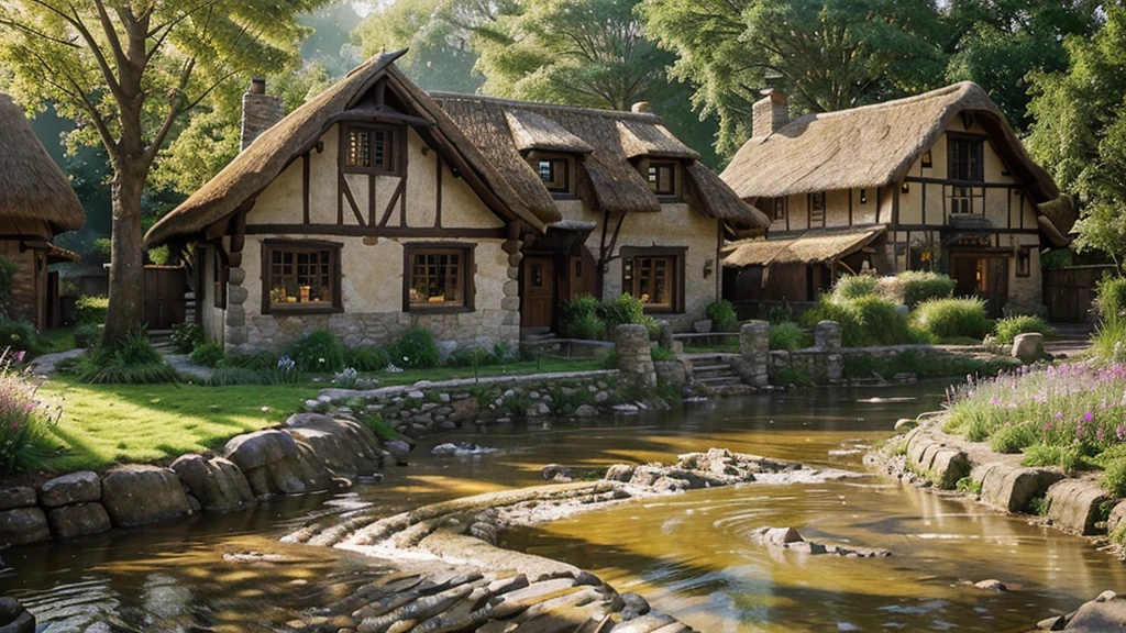 Rustic village, ethereal glow resembling heavenly realm, thatch-roofed cottages interspersed with flowering gardens, cobblestone paths leading to a serene river, diffuse light casting soft shadows, villagers in period attire moving gently, beams of sunlight piercing through the translucent mist, digital painting, ultra-realistic, golden ratio.