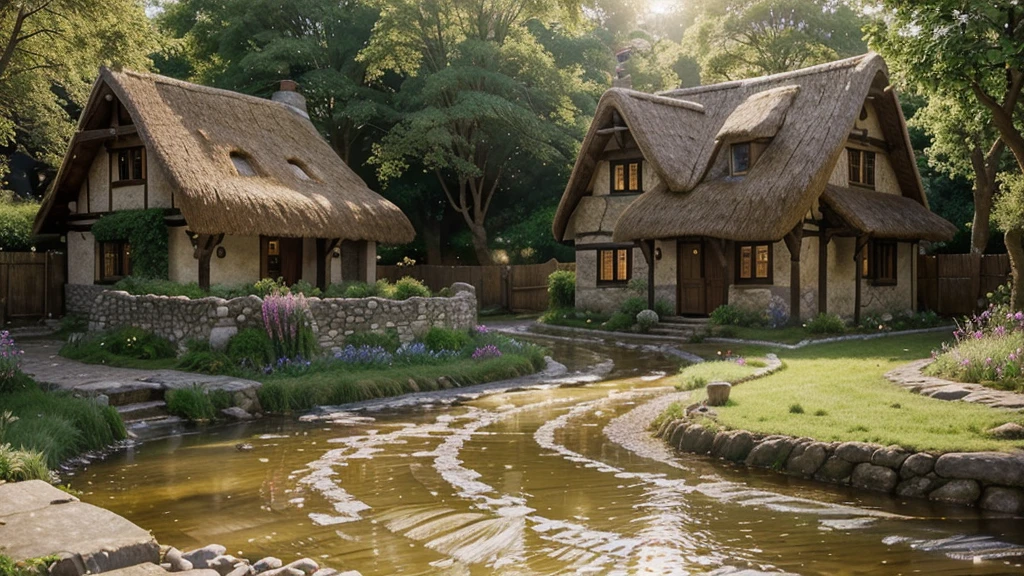 Rustic village, ethereal glow resembling heavenly realm, thatch-roofed cottages interspersed with flowering gardens, cobblestone paths leading to a serene river, diffuse light casting soft shadows, villagers in period attire moving gently, beams of sunlight piercing through the translucent mist, digital painting, ultra-realistic, golden ratio.