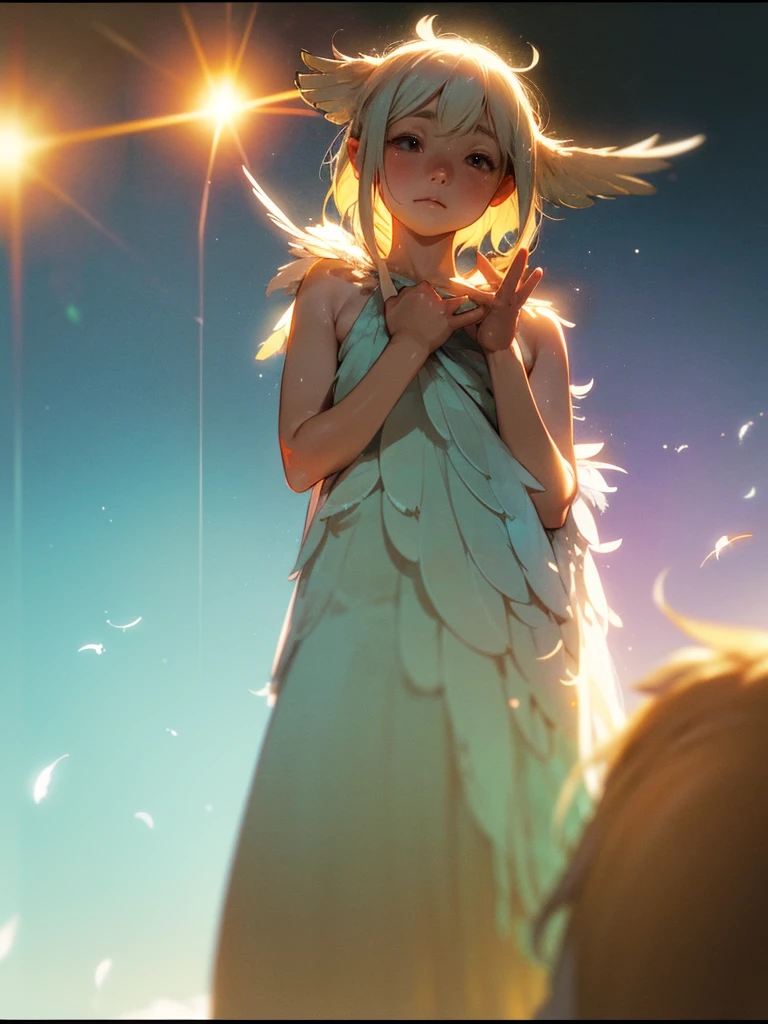 (Sumilux f1.4 24mm , low Latitude old color negative film , cross process , bokeh, flare, chromatic aberration , soft focus, (Shallow focus) , soft glow , Maximum aperture, High Key , Transparent depiction) , Harpy girl , round face , Many feathers fluttering down