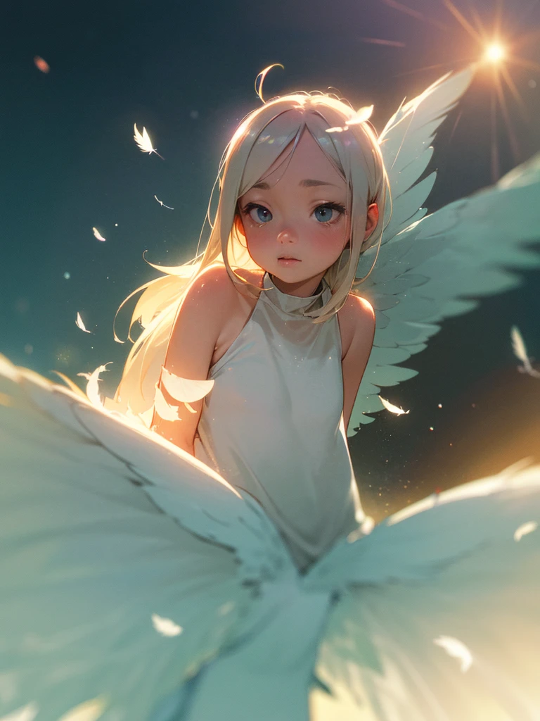 (Sumilux f1.4 24mm , low Latitude old color negative film , cross process , bokeh, flare, chromatic aberration , soft focus, (Shallow focus) , soft glow , Maximum aperture, High Key , Transparent depiction) , Harpy girl , round face , Many feathers fluttering down
