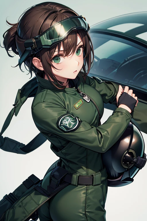 Perfect Anatomy Highest quality,Highest Resolution,(((Dark green pilot suit Helmet))) woman Fighter Pilot Fighter athletic Brown Hair short