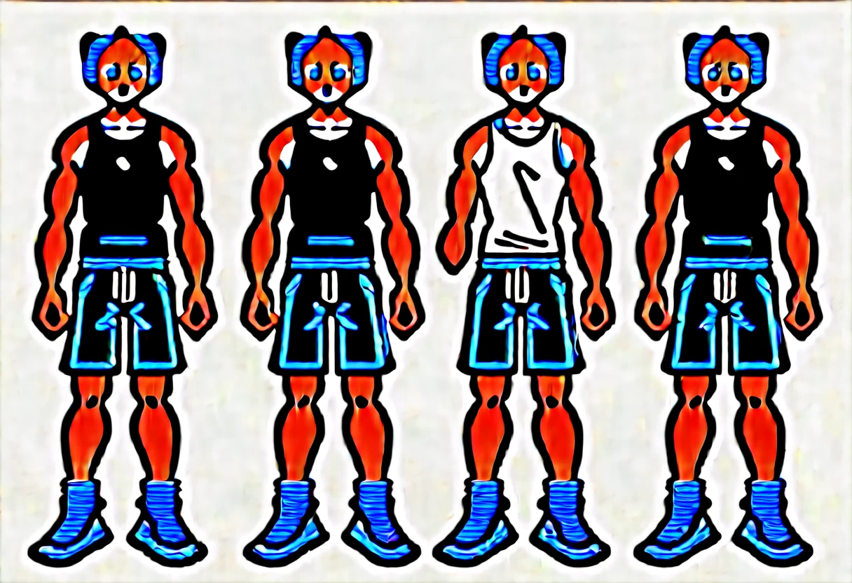 score_9, score_8_up, score_7_up, male, furry, high quality, hires, anthro, ager, 16 ymestic cat, bright yellow fur, blue eyes, wide brown eyebrows, confidant expression, humanoid feet, slim body, prominent v-line, prominent abs, prominent legs, prominent forearm muscles, prominent knees, white background, treasure trail, armpit hair, furry legs, in 3 various sexy poses, headphones, casual clothes, joggers, black tank top, shorts, flexing