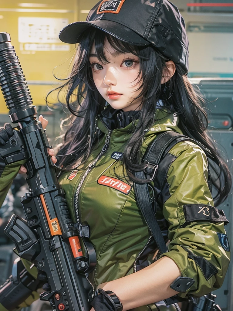 beautiful female sniper, full-body, Japanese anime style, almond-shaped eyes, long black hair, black knit cap, leather racing suit, confident expression, focused, ready for action, holding a rifle, clear lines, vibrant colors, soft anime-like aesthetic, square format
