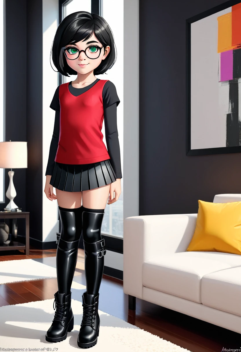 Positive Prompt:
Masterpiece, score_9, score_8_up, score_7_up, detailed, beautiful, modern setting, 1girl, solo, short black hair, green eyes, glasses, red top, black miniskirt, black high boots, standing, living room, modern decor, stylish furniture, vibrant colors, natural lighting, elegant posture, confident expression, looking at viewer
