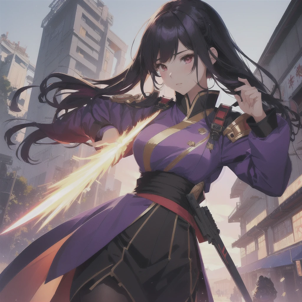 anime girl in purple coat with sword and fire in the background, artgerm and atey ghailan, impacto de ayaka genshin, 由杨J, 极其详细的Artgerm, range murata and artgerm, style artgerm, she has fire powers, keqing do impacto genshin, female action anime girl, guweiz on pixiv artstation and a little one by your side 