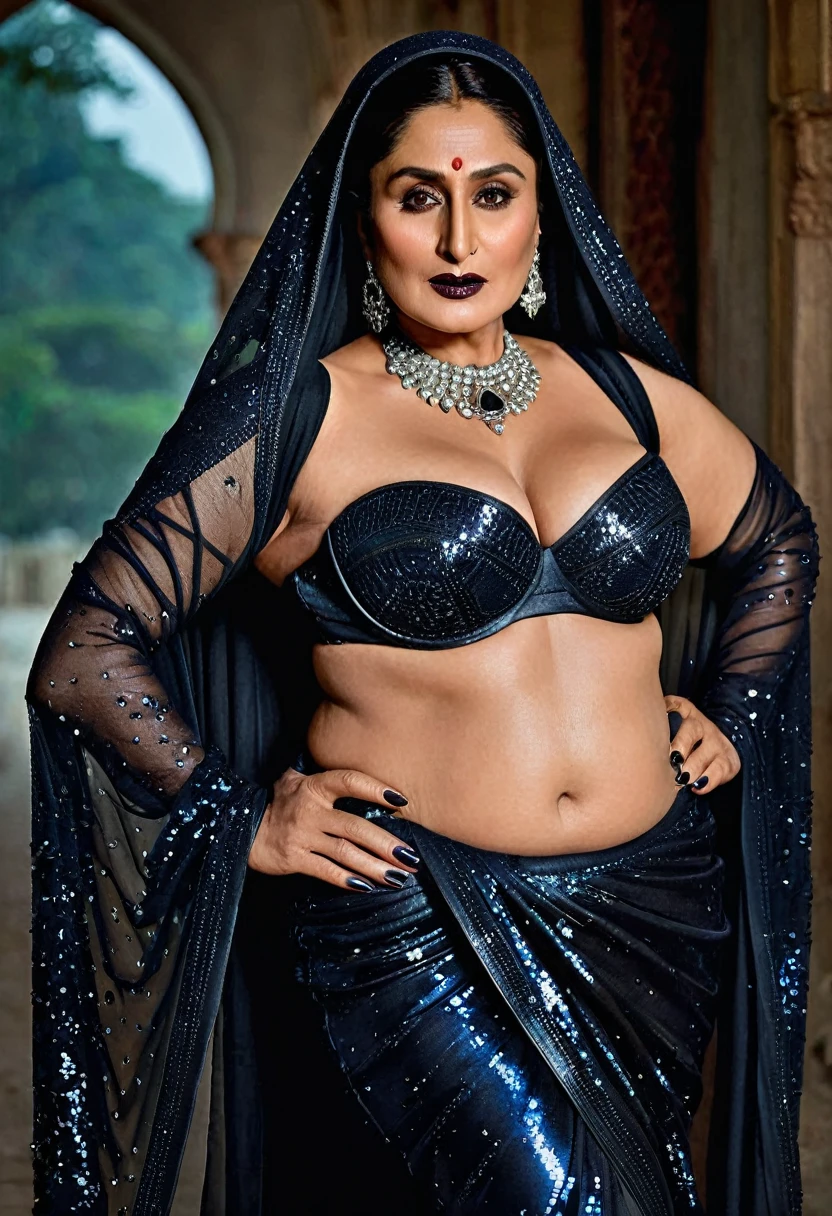 Looks like Kareena Kapoor khan, Big chubby aunty, milf, cougar lady witch, horny Gothic milf, 70 years old gorgeous mature lady, pervert demoness, demoness of lust, curvy, black lips, horny face, extremely gorgeous, thick figure, heavy physique, voluptuous, curvy, sexy figure, Fashionable portrait of androgynous alien looking witch wearing veil, glowing eyes, futuristic design, minimal details, givenchy, photoreal, 200mm, hd, f/ 2.0, highly detailed, surreal, sexy beautiful evil woman, sexy bold sequin Saree with strapless Bra, chudail, Pishachini, horror genre, blood-thirsty enchantress, powerful female spirit, eerie, drop dead, in the style of red and blue, (intricate details, hyperdetailed:1.15) (skin texture:1.2), dark Moody tone, cinematic lighting, haunted place in background,