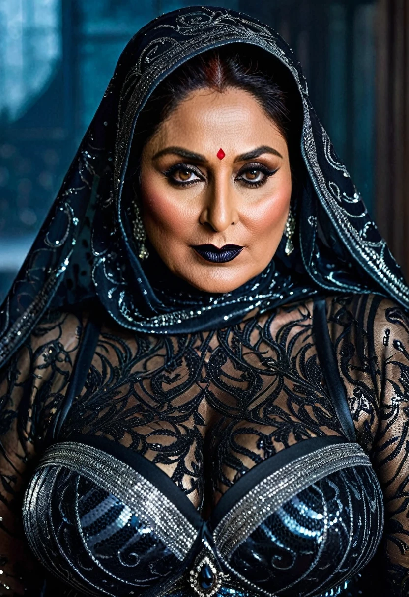 Looks like Kareena Kapoor khan, Big chubby aunty, milf, cougar lady witch, horny Gothic milf,  70 years old gorgeous mature lady, pervert demoness, demoness of lust, curvy, black lips, horny face, extremely gorgeous, thick figure, heavy physique, voluptuous, curvy, sexy figure, Fashionable portrait of androgynous alien looking witch wearing veil, glowing eyes, futuristic design, minimal details, givenchy, photoreal, 200mm, hd, f/ 2.0, highly detailed, surreal, sexy beautiful evil woman, sexy bold sequin Saree with strapless Bra, chudail, Pishachini, horror genre, blood-thirsty enchantress, powerful female spirit, eerie, drop dead, in the style of red and blue, (intricate details, hyperdetailed:1.15) (skin texture:1.2), dark Moody tone, cinematic lighting, haunted place in background, 