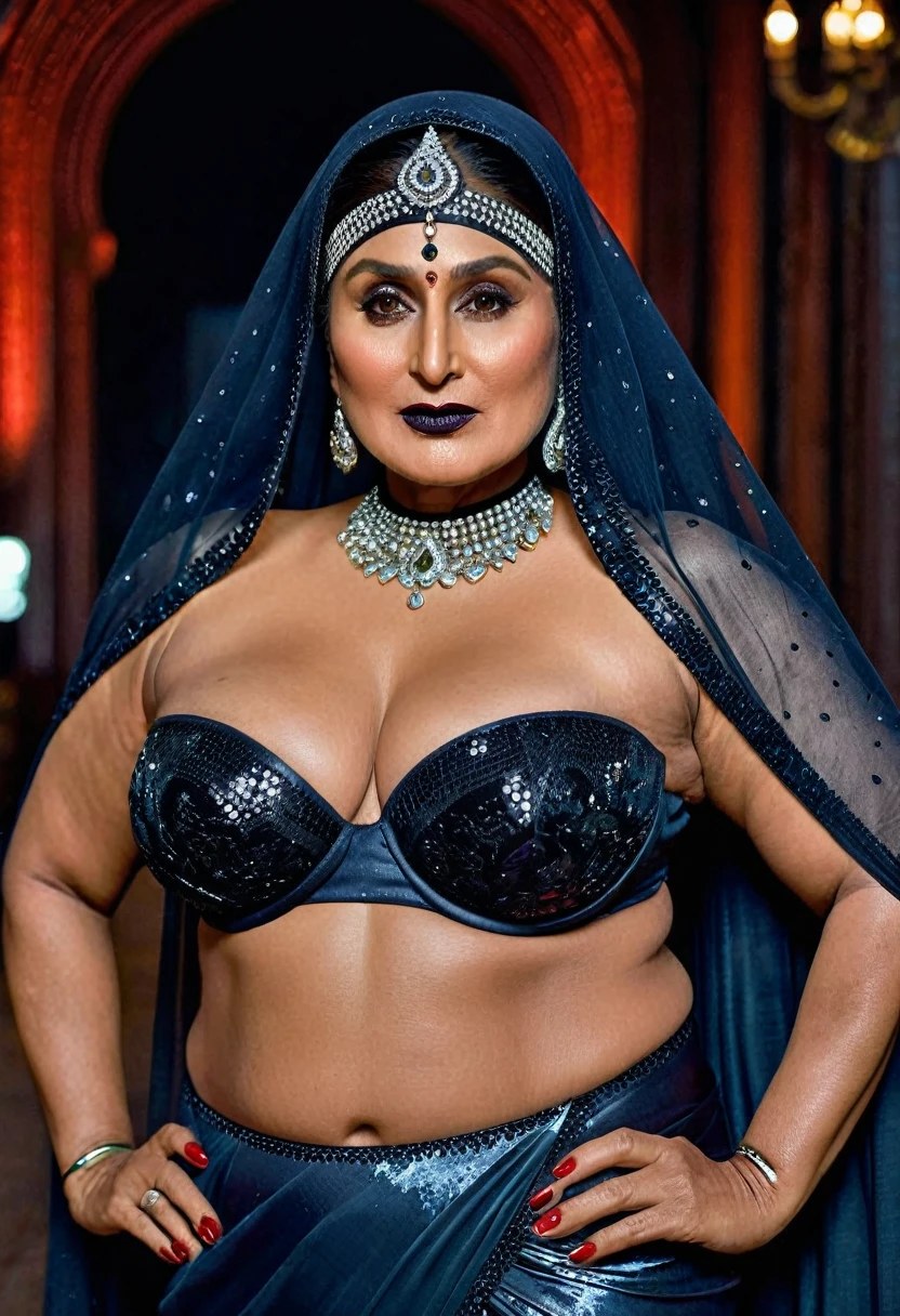 Looks like Kareena Kapoor khan, Big chubby aunty, milf, cougar lady witch, horny Gothic milf,  70 years old gorgeous mature lady, pervert demoness, demoness of lust, curvy, black lips, horny face, extremely gorgeous, thick figure, heavy physique, voluptuous, curvy, sexy figure, Fashionable portrait of androgynous alien looking witch wearing veil, glowing eyes, futuristic design, minimal details, givenchy, photoreal, 200mm, hd, f/ 2.0, highly detailed, surreal, sexy beautiful evil woman, sexy bold sequin Saree with strapless Bra, chudail, Pishachini, horror genre, blood-thirsty enchantress, powerful female spirit, eerie, drop dead, in the style of red and blue, (intricate details, hyperdetailed:1.15) (skin texture:1.2), dark Moody tone, cinematic lighting, haunted place in background, 