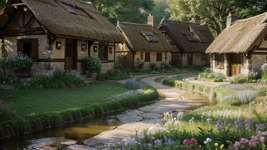 Rustic village, ethereal glow resembling heavenly realm, thatch-roofed cottages interspersed with flowering gardens, cobblestone paths leading to a serene river, diffuse light casting soft shadows, villagers in period attire moving gently, beams of sunlight piercing through the translucent mist, digital painting, ultra-realistic, golden ratio.