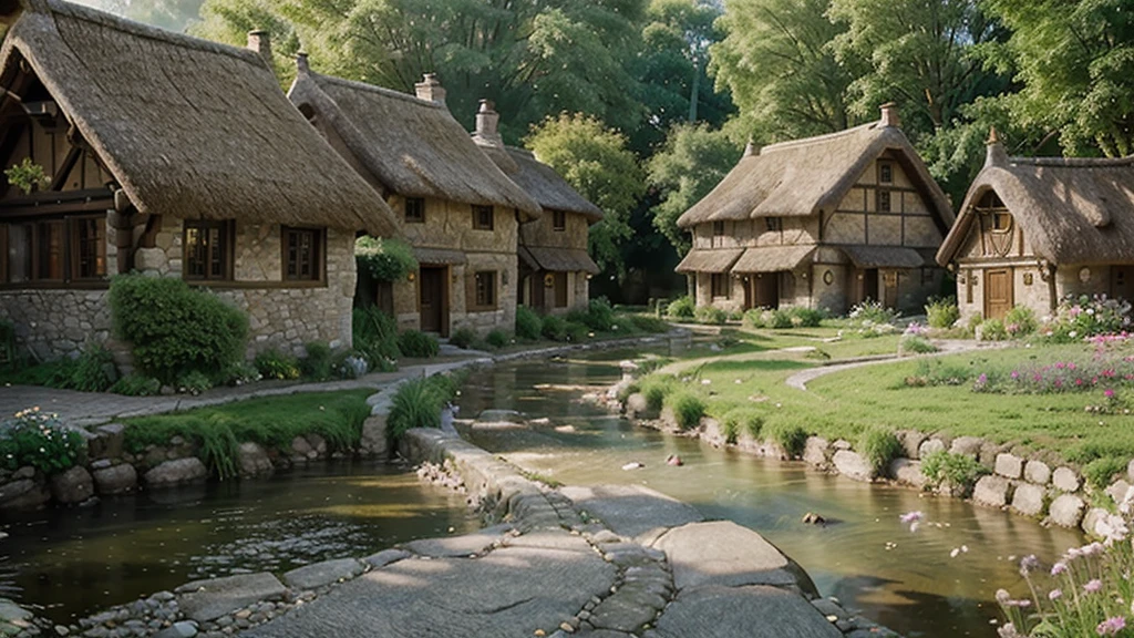 Rustic village, ethereal glow resembling heavenly realm, thatch-roofed cottages interspersed with flowering gardens, cobblestone paths leading to a serene river, diffuse light casting soft shadows, villagers in period attire moving gently, beams of sunlight piercing through the translucent mist, digital painting, ultra-realistic, golden ratio.