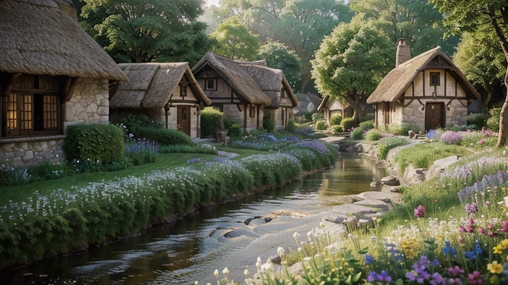 Rustic village, ethereal glow resembling heavenly realm, thatch-roofed cottages interspersed with flowering gardens, cobblestone paths leading to a serene river, diffuse light casting soft shadows, villagers in period attire moving gently, beams of sunlight piercing through the translucent mist, digital painting, ultra-realistic, golden ratio.
