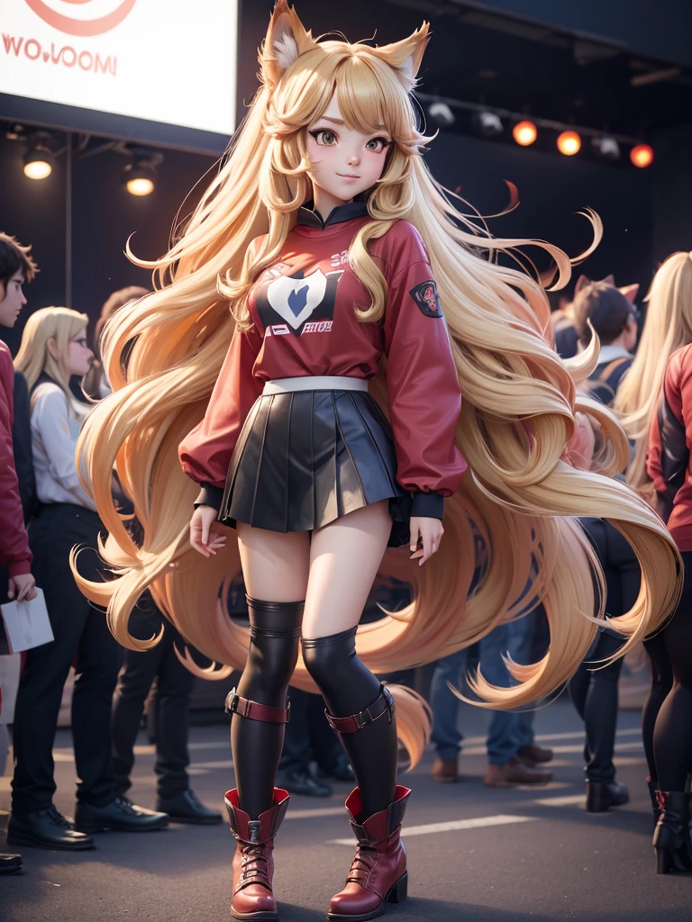 a woman in a red shirt and boots standing in front of a crowd, beautiful anime catgirl, anime girl with long hair, anime girl, an anime girl, (anime girl), cute anime catgirl, anime catgirl, beautiful anime girl, holo if a wolf girl, holo is a wolf girl, cute anime girl, blonde anime girl with long hair