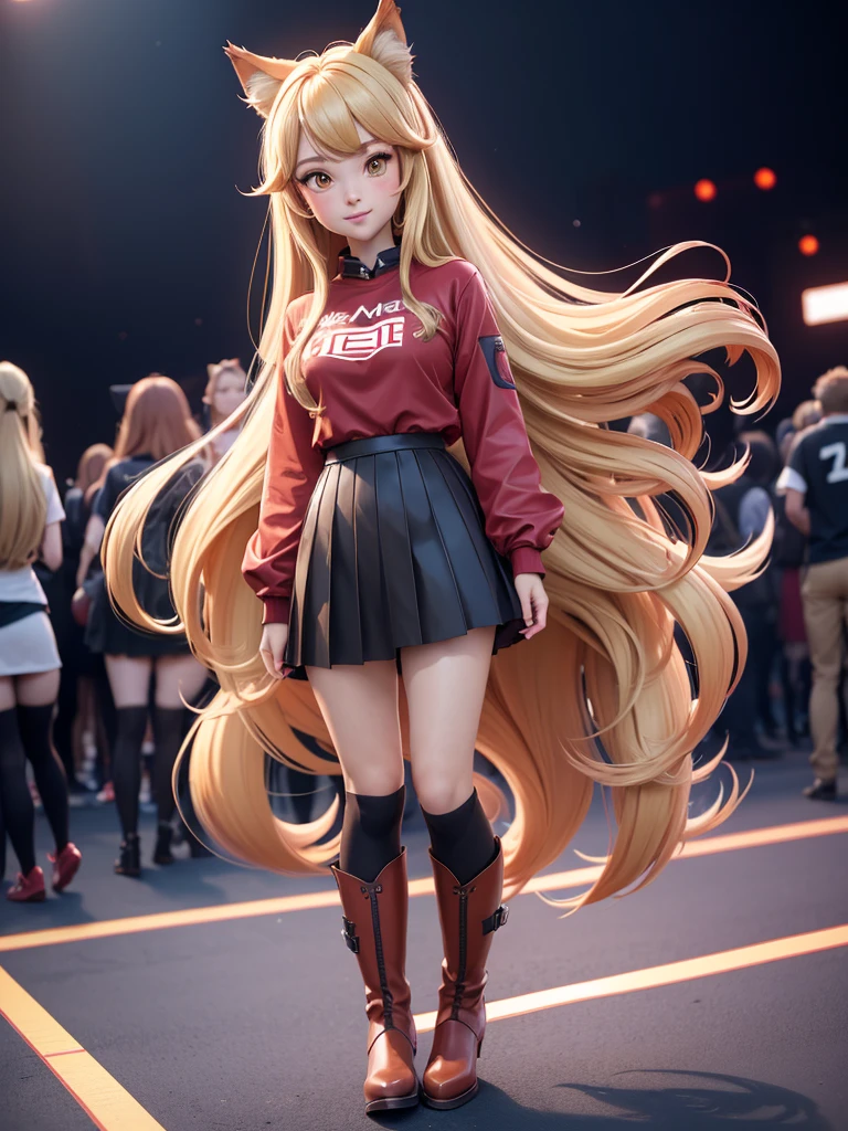 a woman in a red shirt and boots standing in front of a crowd, beautiful anime catgirl, anime girl with long hair, anime girl, an anime girl, (anime girl), cute anime catgirl, anime catgirl, beautiful anime girl, holo if a wolf girl, holo is a wolf girl, cute anime girl, blonde anime girl with long hair