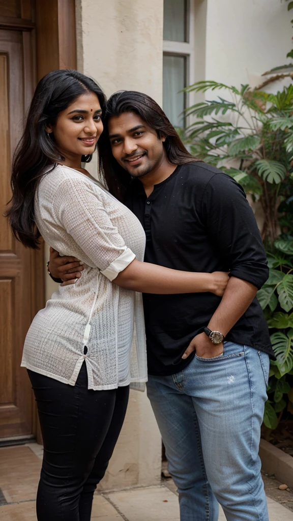 A plump woman in white hijab and dark blue dress leaning against a black haired man with ponytail in a white shirt and jeans. On a balcony. Lush vegetation background