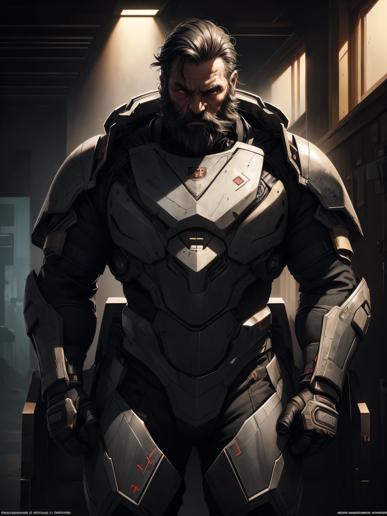 A 50-year-old Japanese man with a frightening appearance, (Eyes red 5.5), full beard, wearing military technological metal suits, highly detailed and expressive face, (best qualityer,4K,8k,high resolution,work of art:1.2),ultra detali,(realisitic,photorealisitic,photo-realisitic:1.37),portraite,conceptual artwork,dramatic lighting,bright coloured,details Intricate, (Avoid deformed and poorly designed eyes)