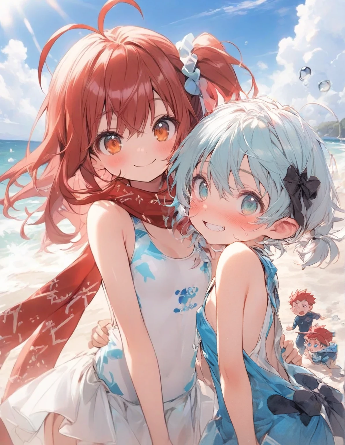 ,(flat chest:1.5),(man:1.2),男の娘,,10 years old,、Short hair, (spiked hair:1.1), asymmetrical bangs, low twintails,Aqua Blue Hair, Two-tone hair, A delicate and delicate face, blush, tusk,, ,aqua eyes, Black_bow ribbon, 、Hanging eyes,From Adobe,,(blue diver's suit:1.3),blush,from side,