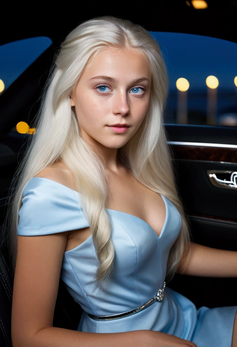 best texture, high quality, Ultra HD, 8k, dress style outfit. A photorealistic portrait of a 20 year old Norwegian girl with long flowing white hair and realistic light blue eyes. It must have a natural expression. The background in a luxury car in the night. Capture this image with high resolution photography using an 100mm lens for a more flattering image.