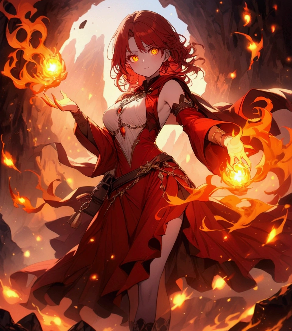 female (mage, adult, long red hair, fiery eyes, flowing red robes, fire symbols on clothing, glowing hands holding a fireball, flames swirling around the fingers, pale skin, determined expression) is casting a spell), (background is a volcanic landscape with molten lava, ash clouds, and darkened skies), (volcanic rocks and magma bursts surround the mage), (fire particles floating in the air),