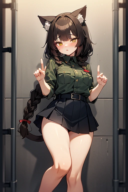 soft, cute adult neko with cat ears, medium length luscious brown hair with 1 short braid near the face, yellow eyes, cat tail........ Olive Russian GULAG security olive olive uniform in prison форма  НКВД СССР... Dark blue skirt.... Prison GULAG ..... Sexy horny lusty sluty... GULAG NKVD Siberia 