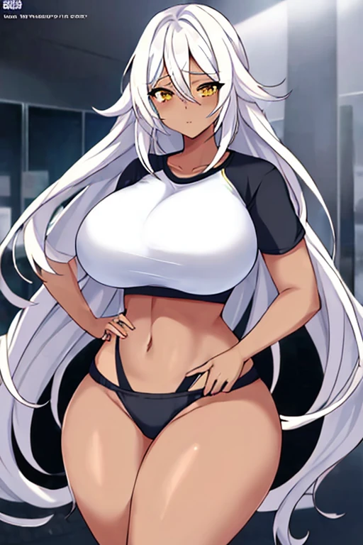 1girl, anime style, 2d, anime screencap, dark skin, dark-skinned female, white hair, long hair, large breasts, wide hips, thick thighs, shirt, sportswear, shy, sports bra, screencap, masterpiece