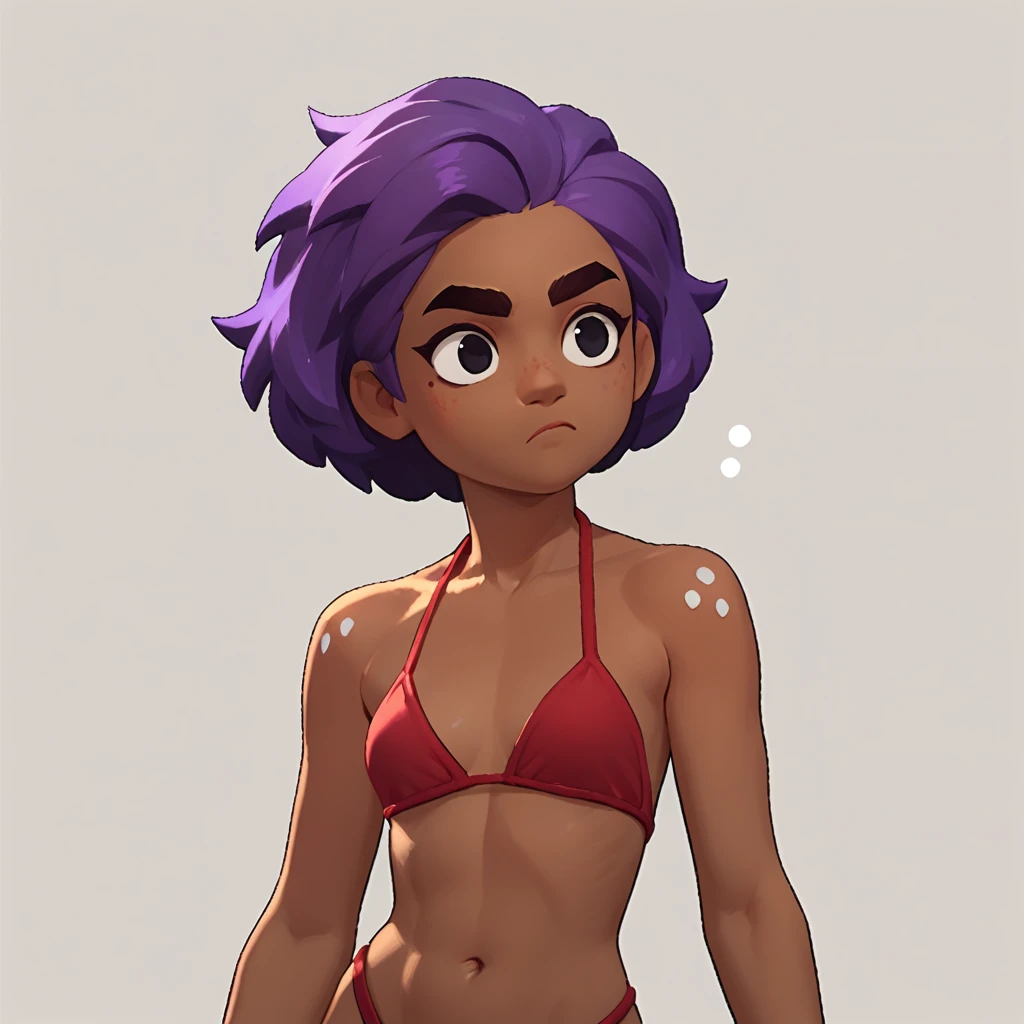 1girl,solo_female,red bikini with white dots,long purple hair,dark skin,black eyes and eyebrows
