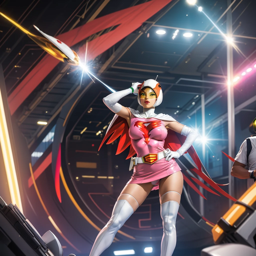 ANI_CLASSIC_jun_gatchaman_ownwaifu,1girl, ,good anatomy, masterpiece, best quality,realistic, hyperrealistic, 16k hdr,breasts,green eyes,lips,large breasts,lipstick,makeup,gloves,cape,helmet,belt,elbow gloves,white gloves,mask,ultra miniskirt,leotard,spacesuit,white tight overknee highheels boots,pink dress,superhero,bodysuit,cleavage,erected nipples,((stand pose,hands on hip)),cameltoe