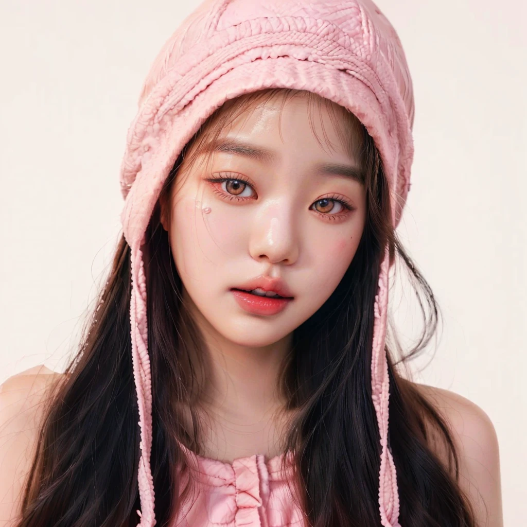 a close-up of a woman wearing a pink hat and a pink dress, bae suzy, ulzzang, Jinyoung Shin, lalisa manobal, adorable and pale korean face, Lee Ji-eun, Lee Ji-eun, jennie blackpink, Lalisa Manoban do Blackpink, wearing a cute hat, Beautiful young Korean woman, heonhwa choe