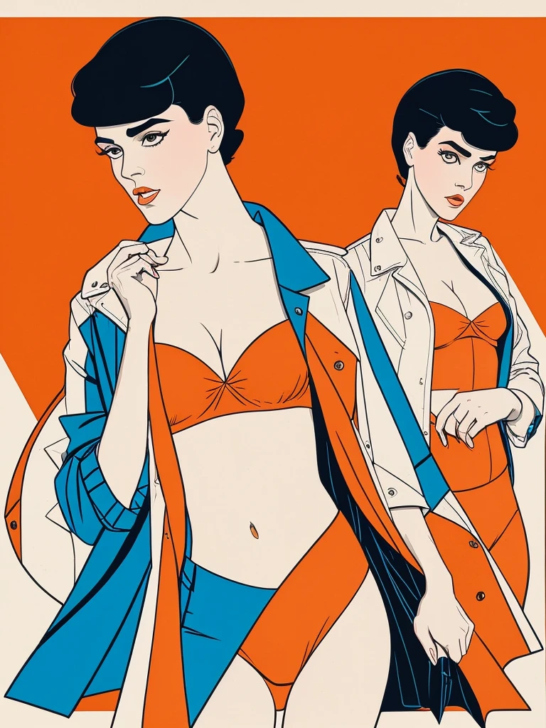 score_9, score_8, score_7,A stunning illustration ((Patrick Nagel Style)) dark-haired goddess, dressed in 1980s womens fashion, open jacket, open shirt orange, a beauty pinup art style, graphic design, flat colours,  white skin no shadows, 2 or 3 colour palette, background 1 flat colour. Portrait Style. 