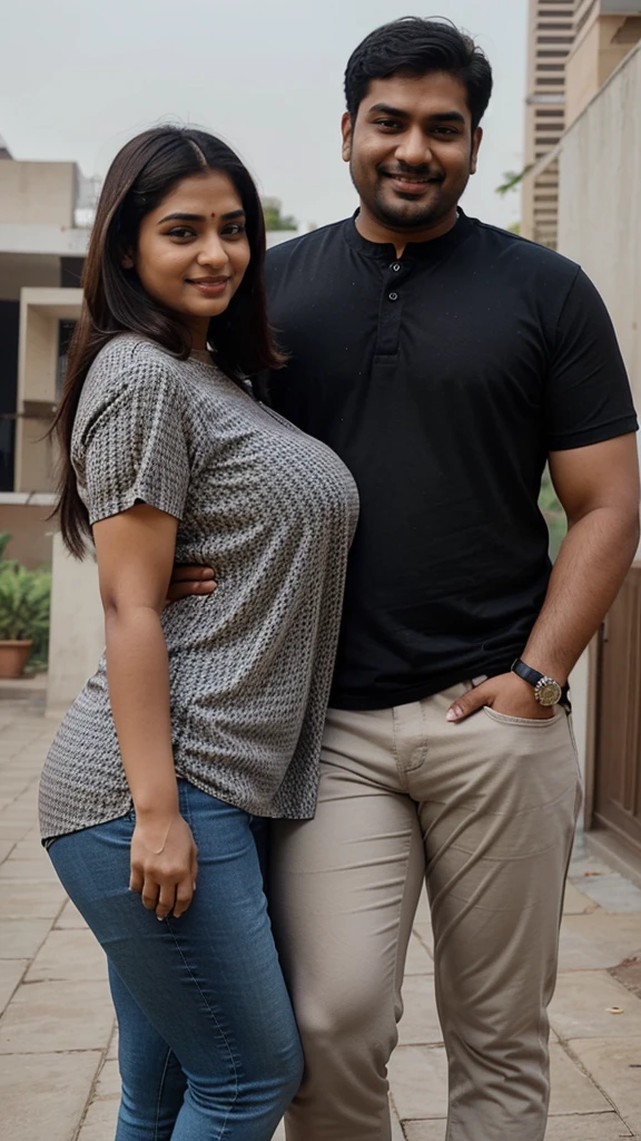 Indian married couple, man and woman, short woman with long hairs, big breasts, big hip, big ass, thick curvy, 30 years indian tall man buzz cut wearing shirt and jeans, woman wearing black kurti and leggings, Couple, smiling, detailed