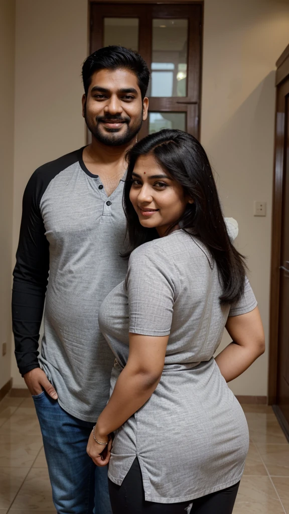 Indian married couple, man and woman, short woman with long hairs, big breasts, big hip, big ass, thick curvy, 30 years indian tall man buzz cut wearing shirt and jeans, woman wearing black kurti and leggings, Couple, smiling, detailed