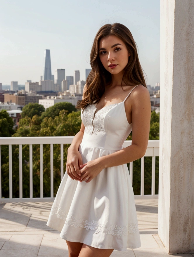 brown haired woman in white dress standing on a patio with a city in the background, in a cute white dress