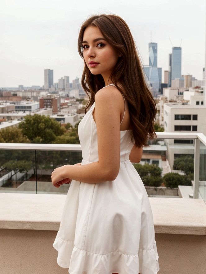 brown haired woman in white dress standing on a patio with a city in the background, in a cute white dress