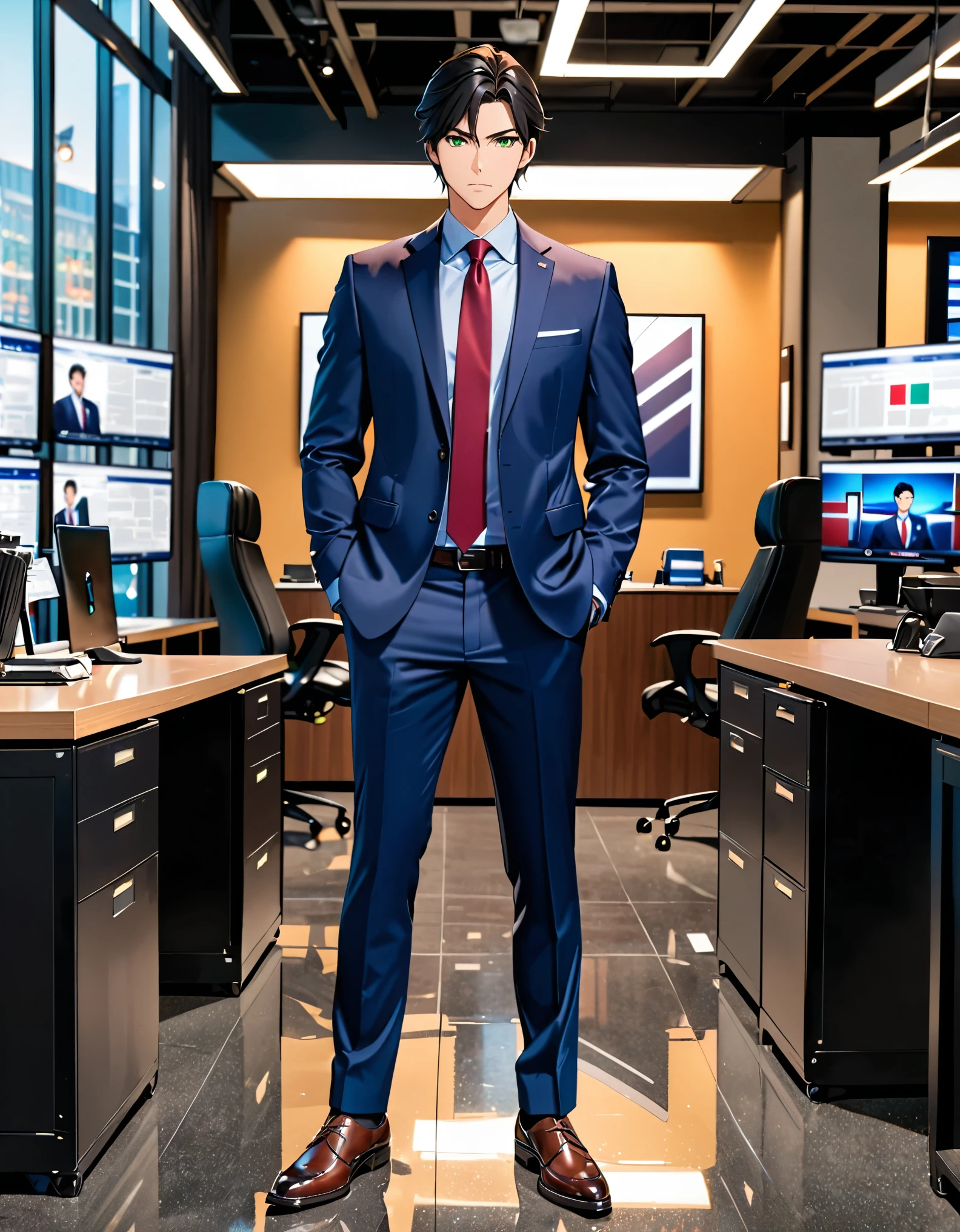 (masterpiece), (best quality), (high res), 1male, male focus, solo, solo focus, serious, black hair, full body, green eyes, formal, suit, dark blue jacket, red necktie, necktie, dark blue pants, slacks, shirt, hand in pocket, matching shoes. standing, news office backdrop, reporter, journalist. full body costume design. busy atmosphere. workplace lighting.