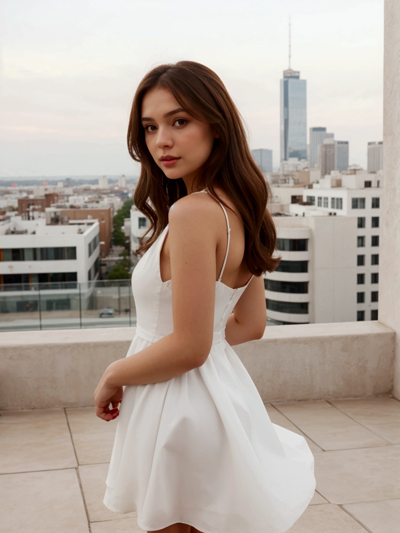 brown haired woman in white dress standing on a patio with a city in the background, in a cute white dress