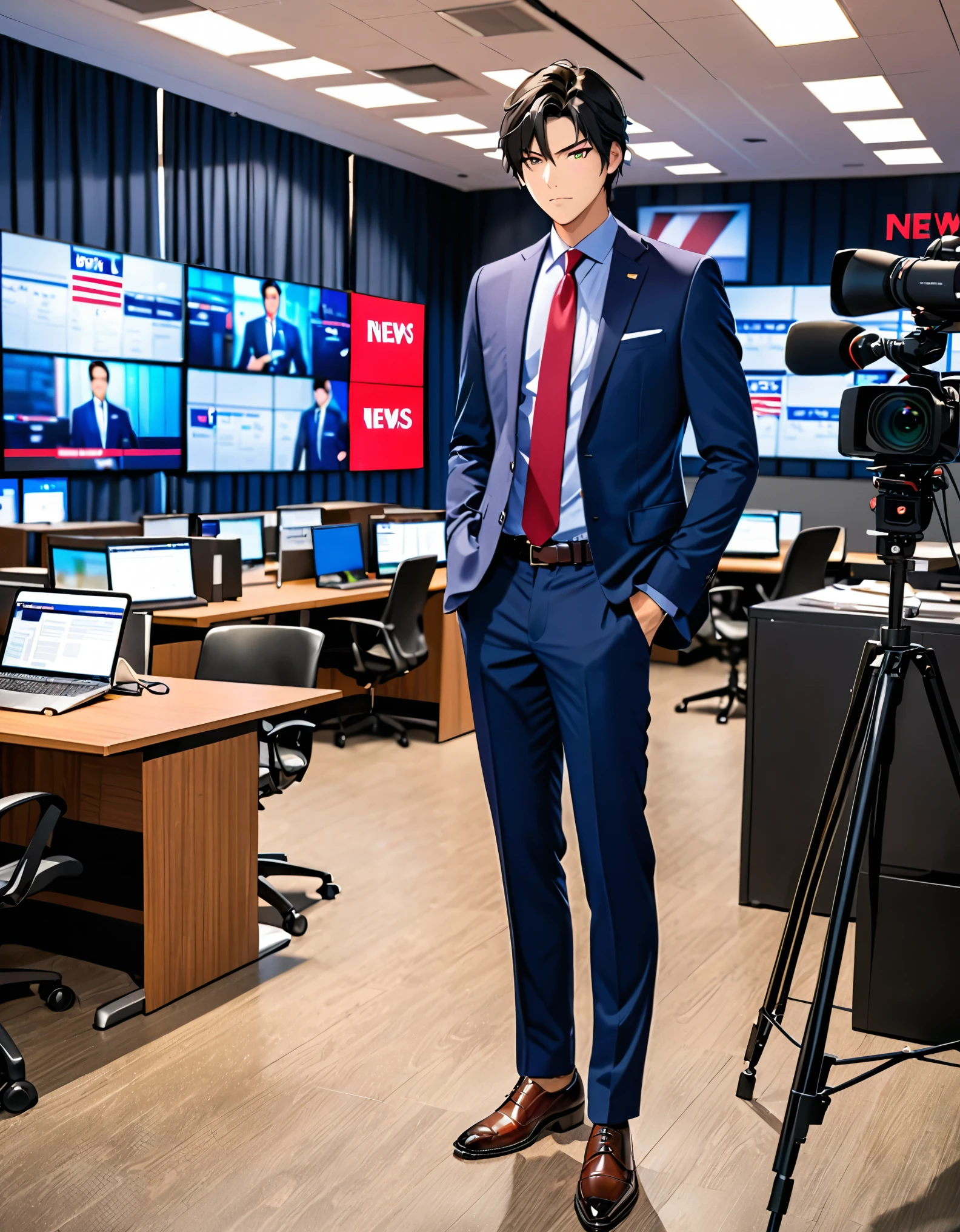 (masterpiece), (best quality), (high res), 1male, male focus, solo, solo focus, serious, black hair, full body, green eyes, formal, suit, dark blue jacket, red necktie, necktie, dark blue pants, slacks, shirt, hand in pocket, matching shoes. standing, news office backdrop, reporter, journalist. full body costume design. busy atmosphere. workplace lighting.